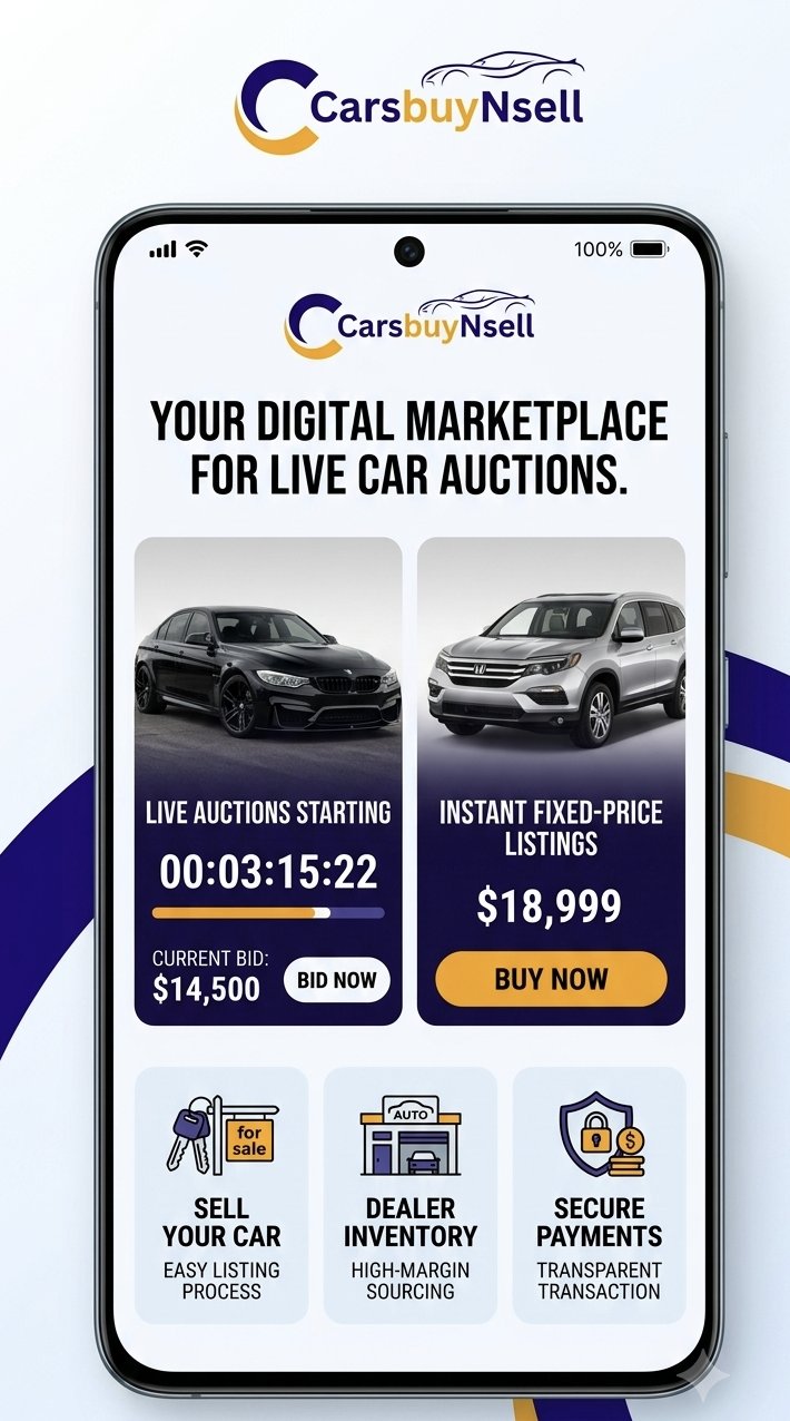 CarsBuyNSell app home screen showing live auctions and instant fixed-price listings